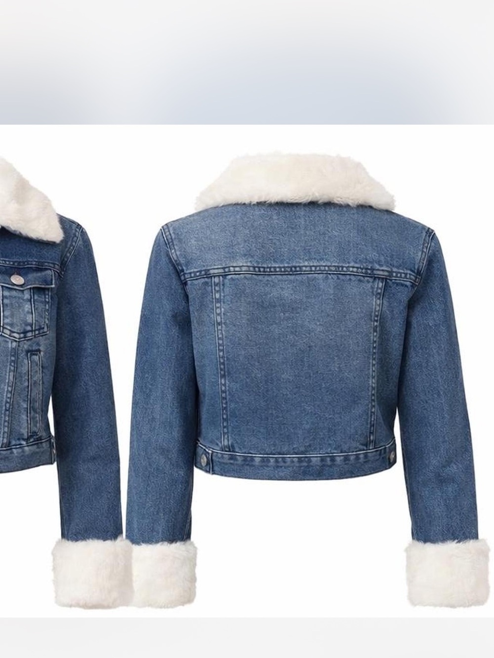 Sugar Thrillz Blue Denim Jean Jacket with White Faux Fur Collar & Cuffs - Picture 2 of 2